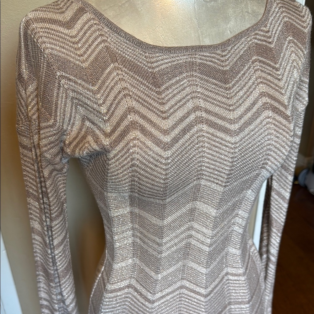 Express Chevron Metallic Knit Bodycon Dress Tan Cream Silver XS Party Night Out - Picture 3 of 14